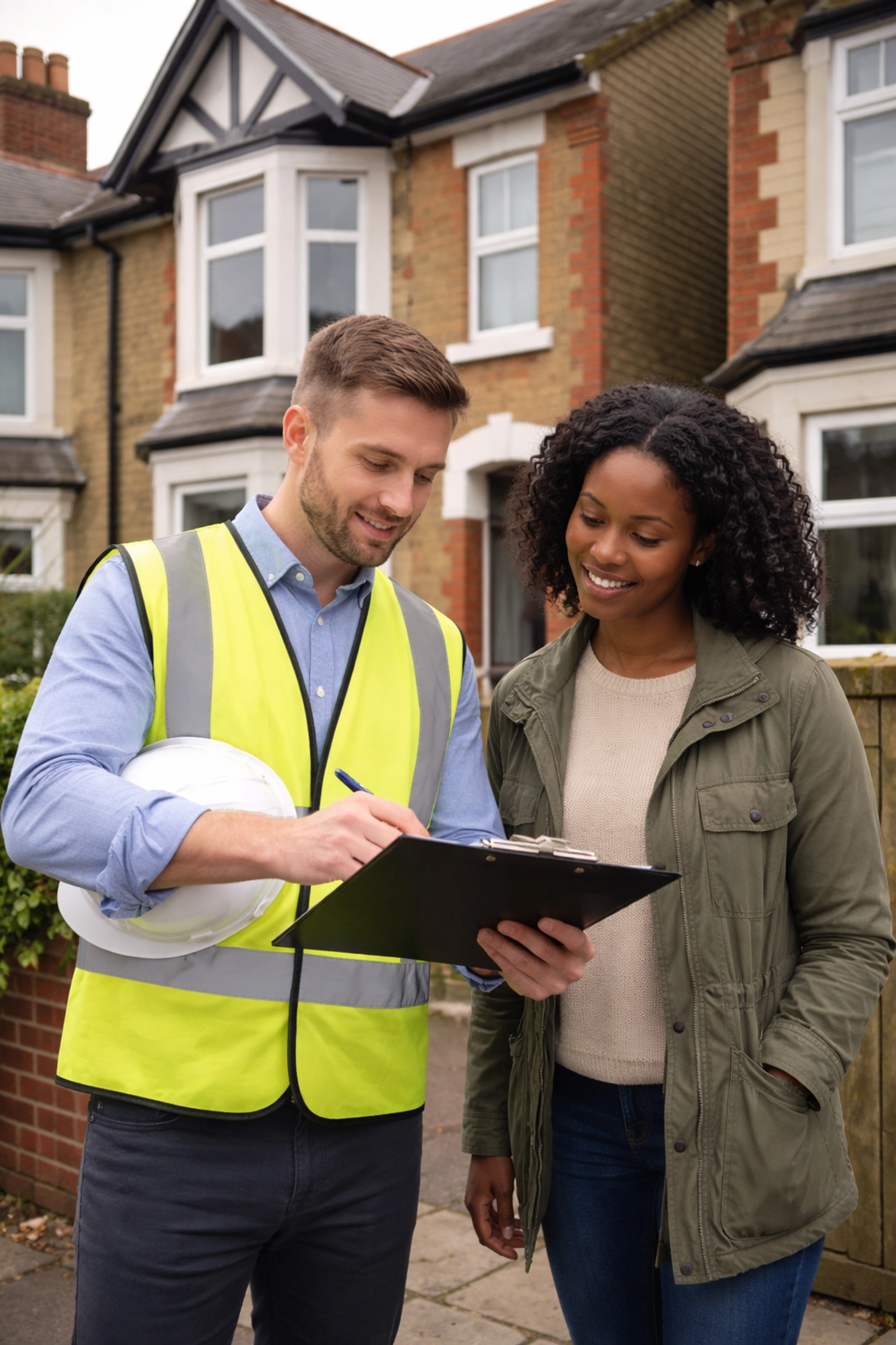 Surveyor and homeowner reviewing party wall documents outside Essex semi-detached house