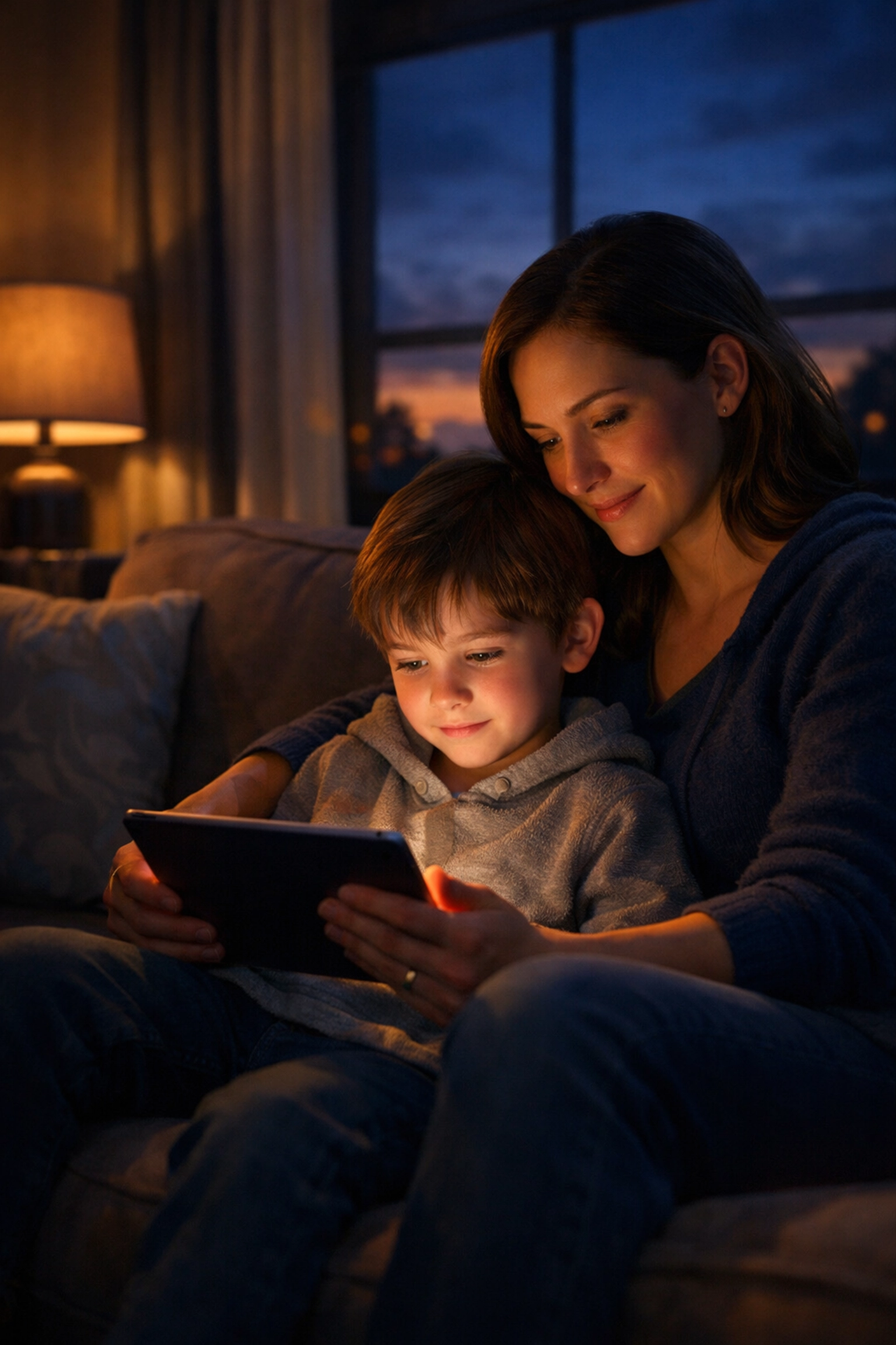 Parent and child safely using tablet together at home