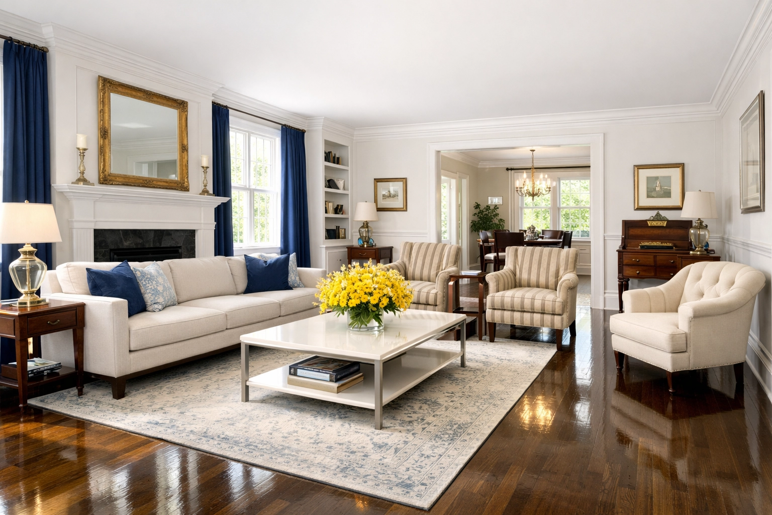 Spotless colonial living room in Harvard, MA, featuring deep cleaned hardwood floors and a healthy environment.