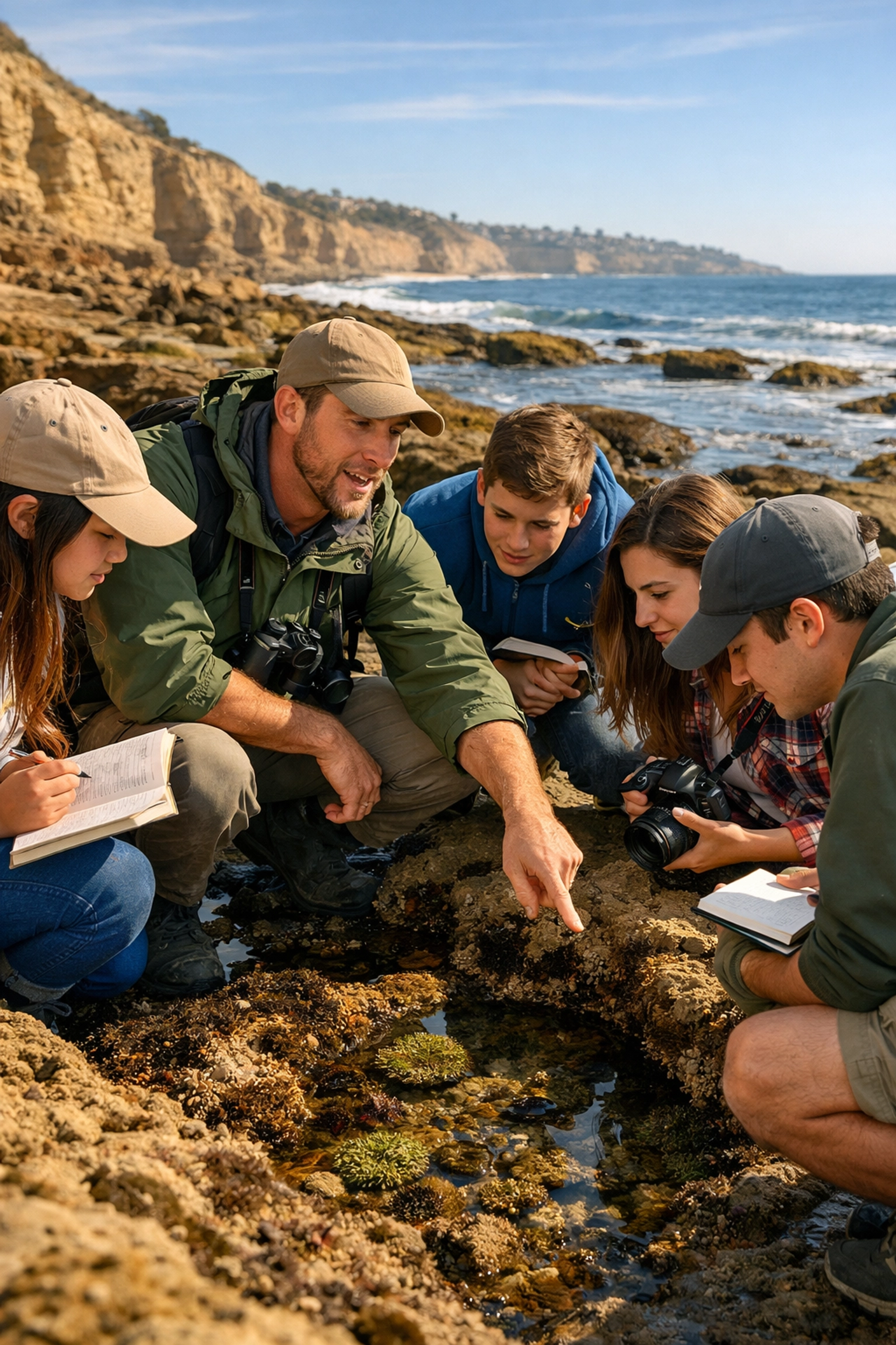 Marine naturalist guide leading students on educational tide pool exploration along San Diego coast