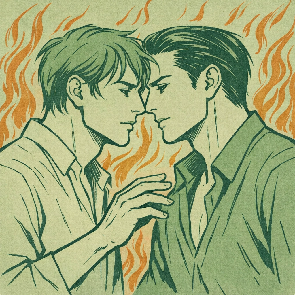 Two men in passionate proximity representing emotional intensity in gay romance novels