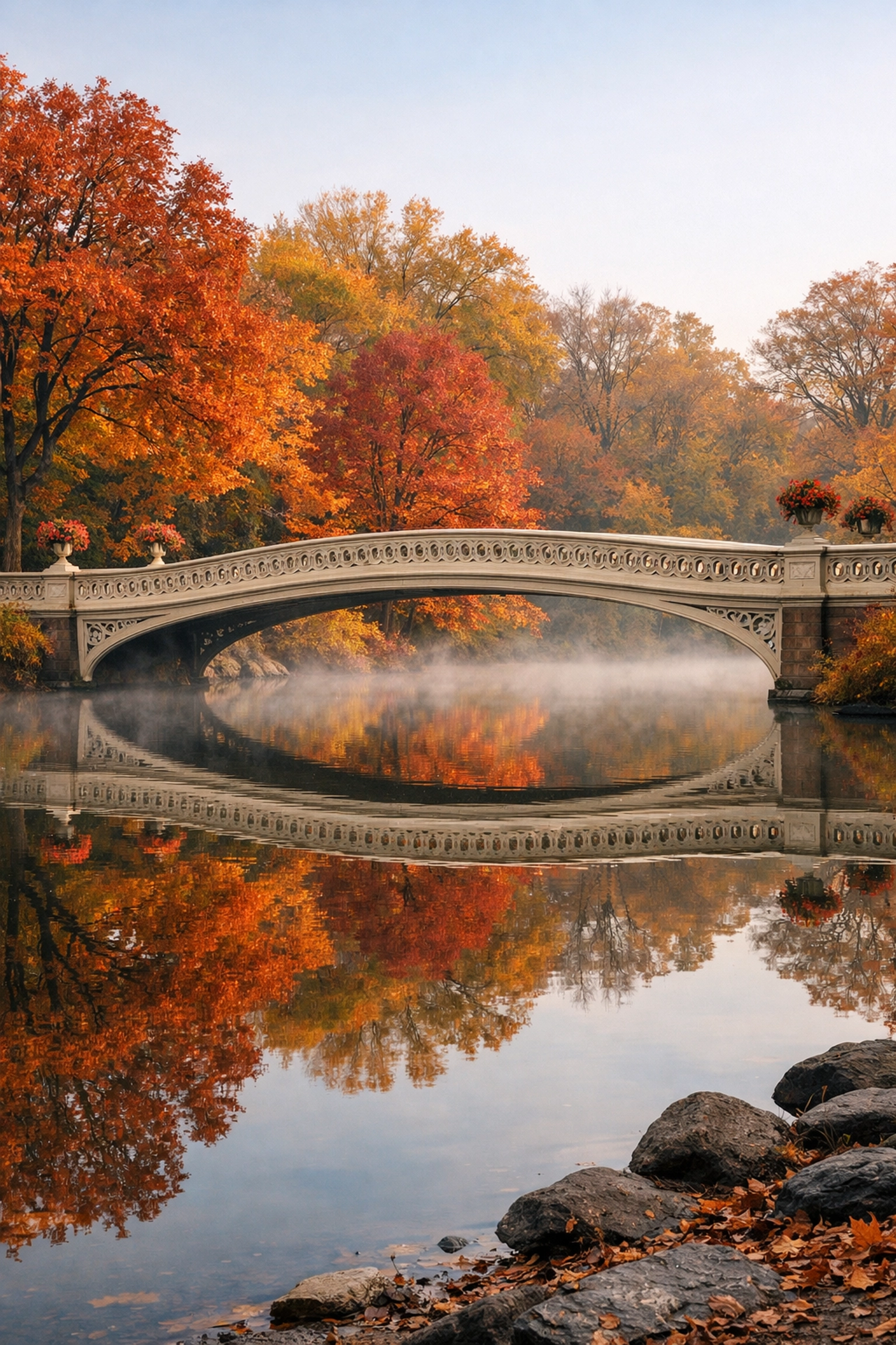 Bow Bridge in Central Park surrounded by colorful autumn foliage reflected in the lake.