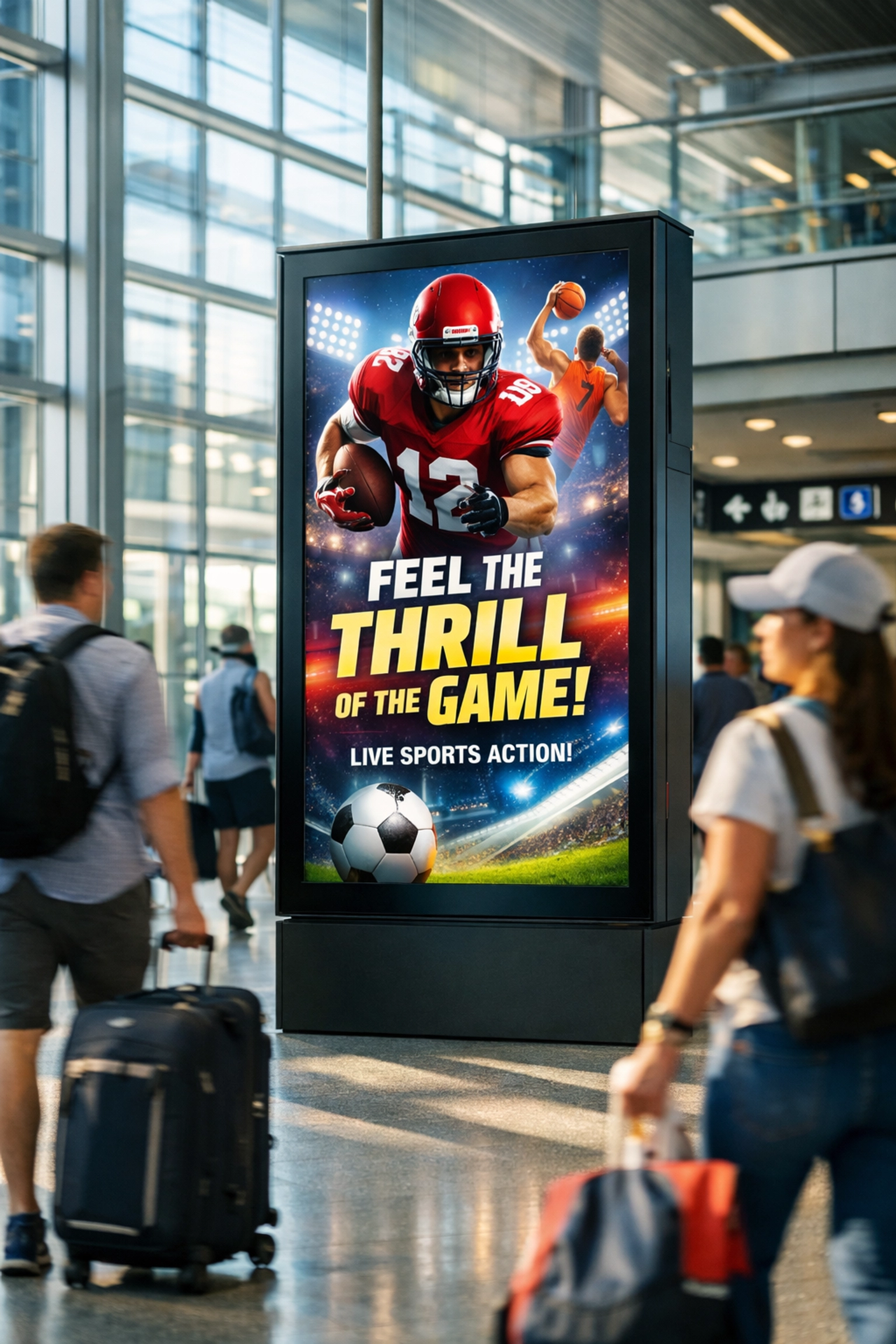 Digital out-of-home advertising screen displaying sports content in a busy transit hub