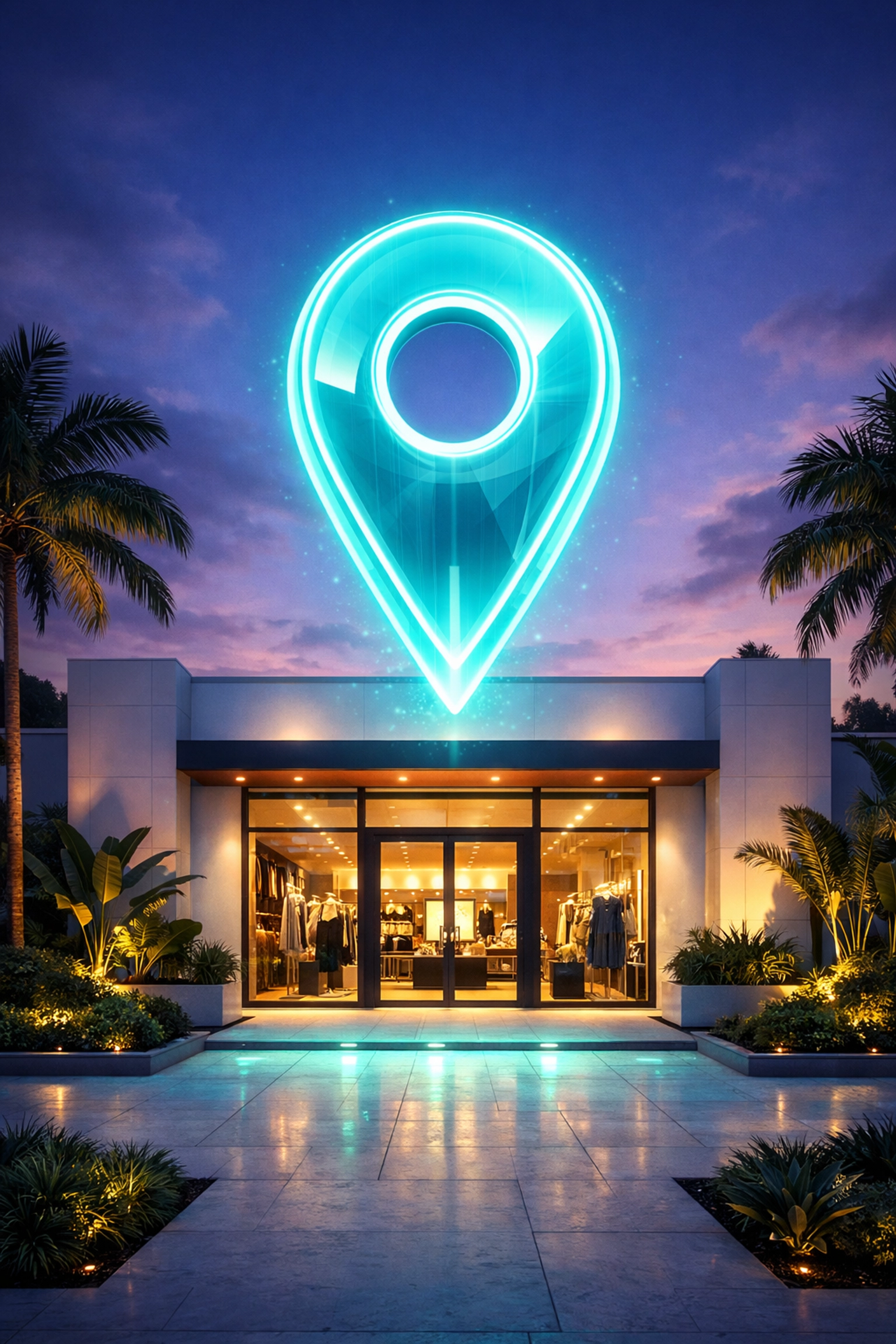 A glowing Google Maps location pin above a stylish Sarasota storefront representing Local Pack dominance.