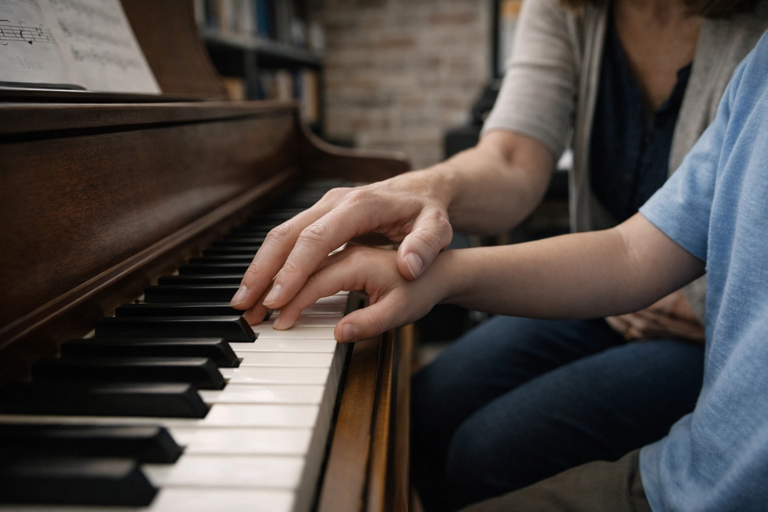 A professional instructor guiding a child's hand technique during piano lessons in Tallahassee.