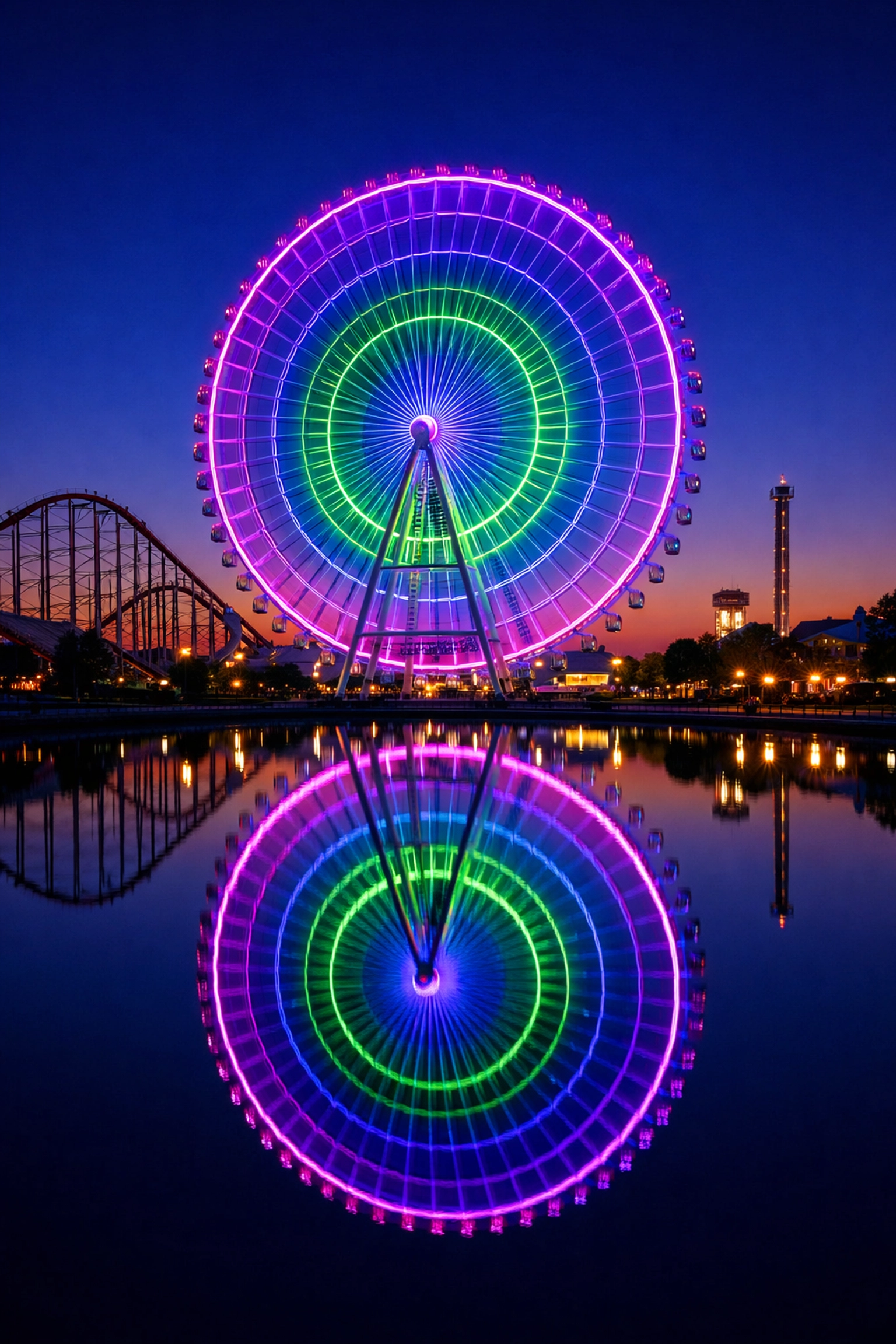 Long exposure of the Giant Wheel Aurora at Nagashima Spa Land, a vibrant night photo spot.