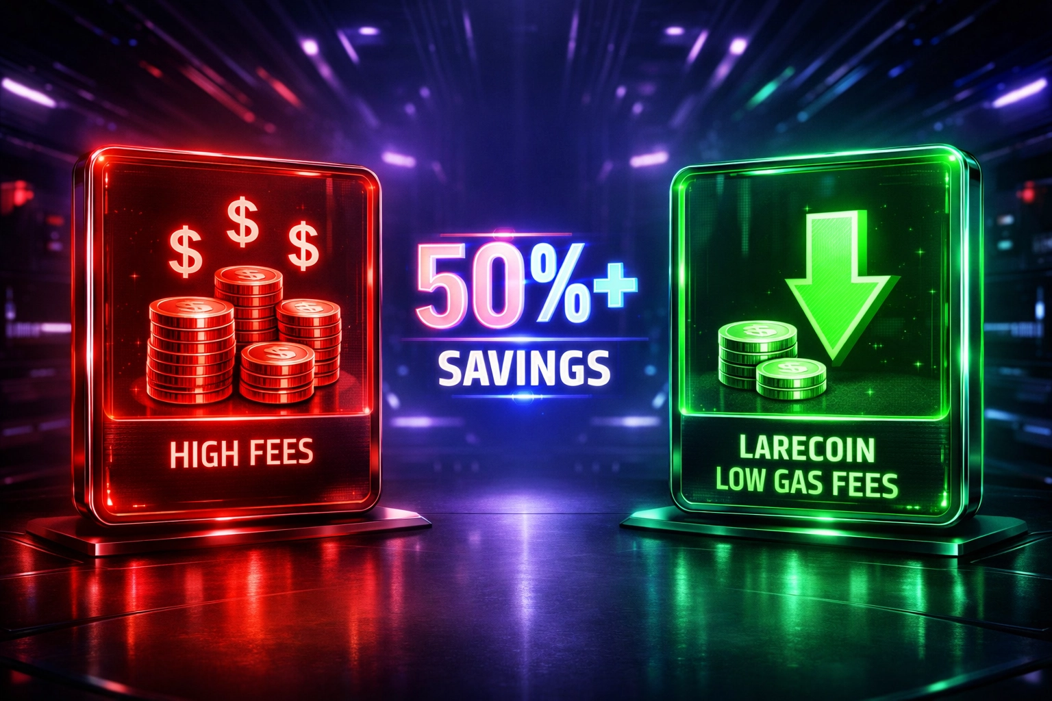 Merchant fee comparison showing Larecoin's gas-only costs versus traditional crypto payment processor fees