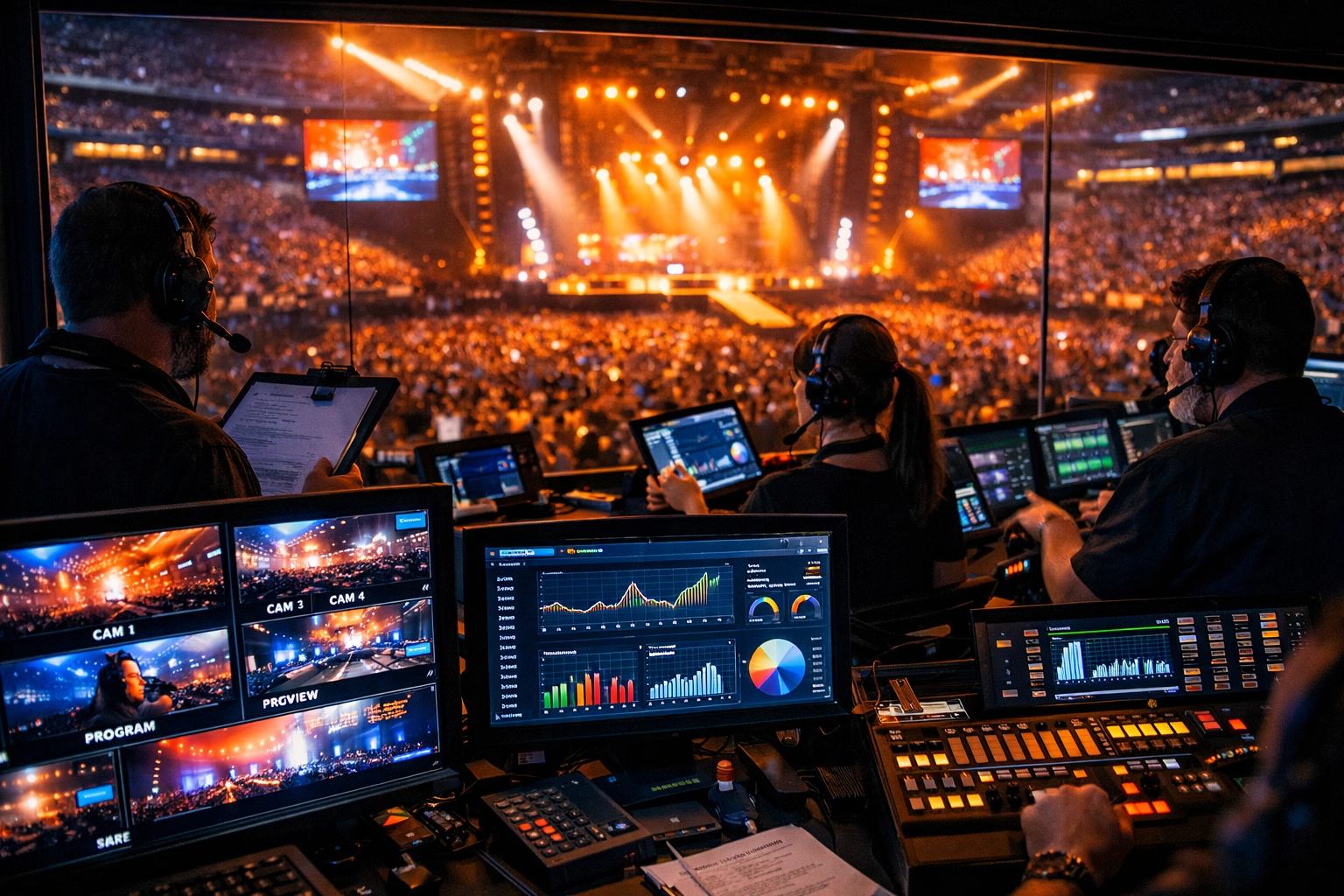 Professional stadium event production control booth with live monitoring and analytics dashboards