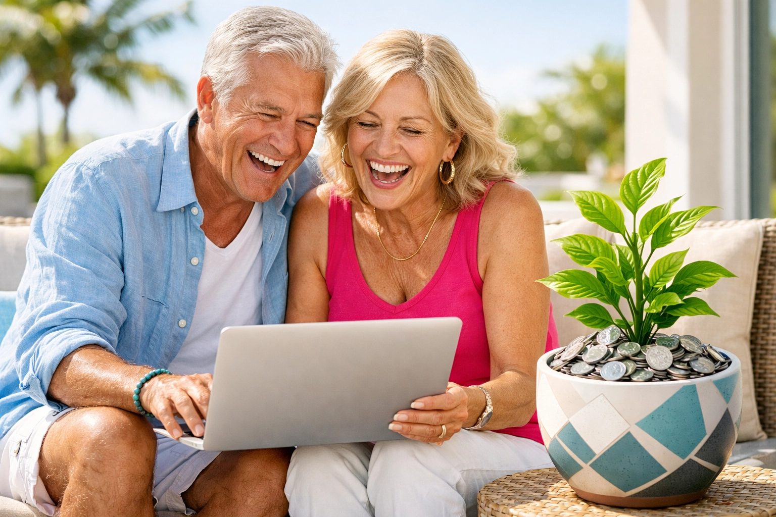 Seniors in their 60s using a laptop beside a growing plant of silver coins representing 2026 retirement growth.