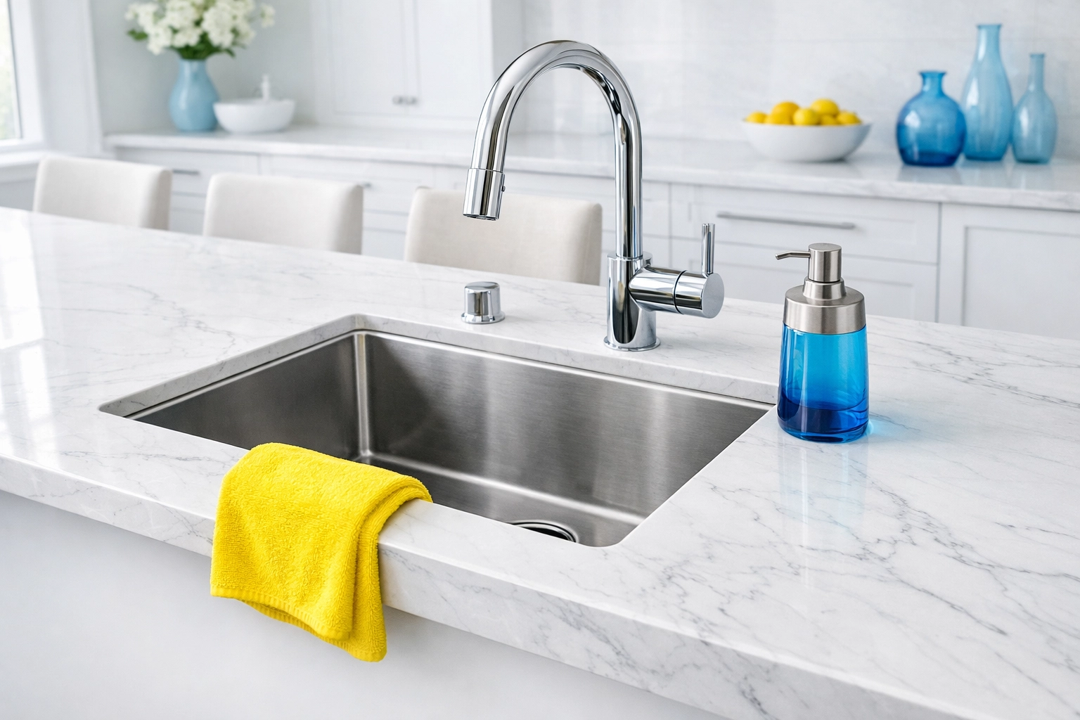 A clean modern kitchen sink with white marble countertops and a yellow cloth, ready for eco-friendly DIY cleaning.