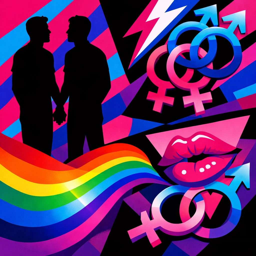 Pop art collage of two men holding hands with rainbow colors celebrating queer love in pop