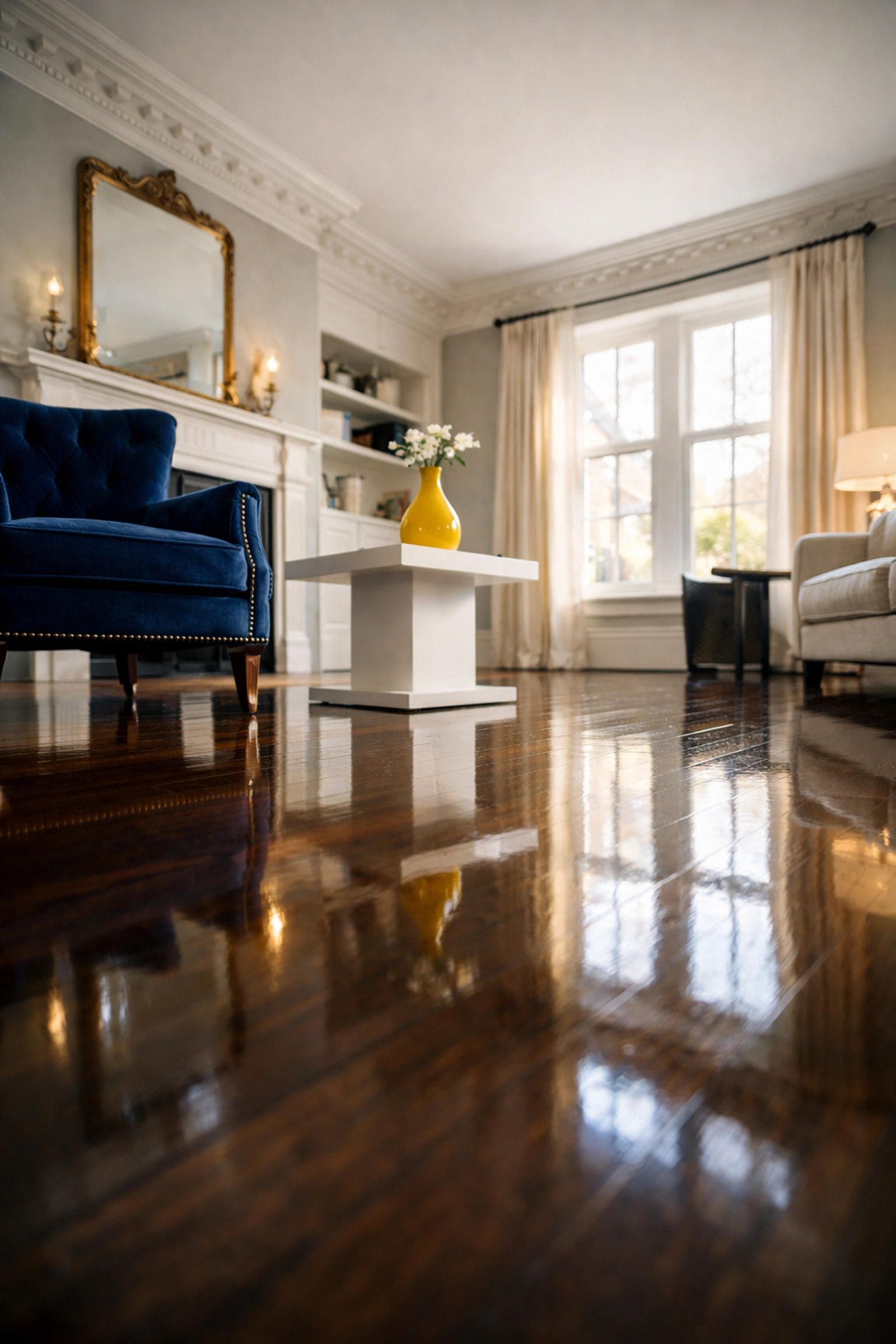 Polished hardwood floors reflecting sunlight in a professionally cleaned Beacon Hill apartment.
