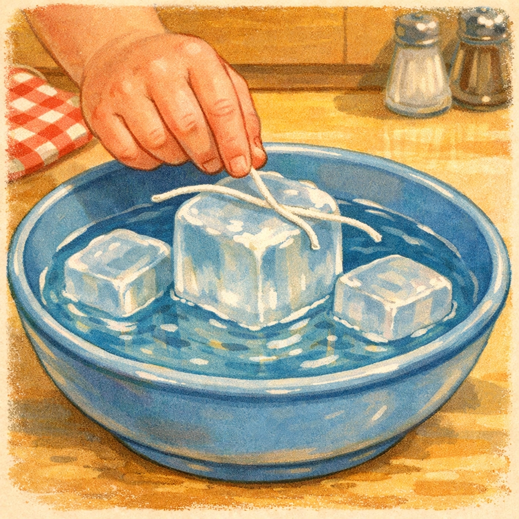 Child placing cotton string across ice cube in bowl for salt and ice fishing experiment