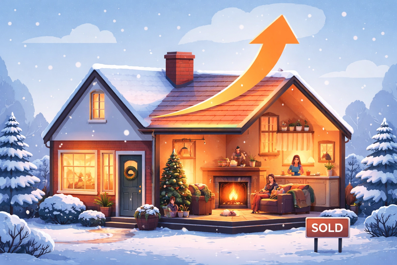 Cosy insulated UK home in winter with rising arrow, symbolizing loft insulation benefits and higher property value