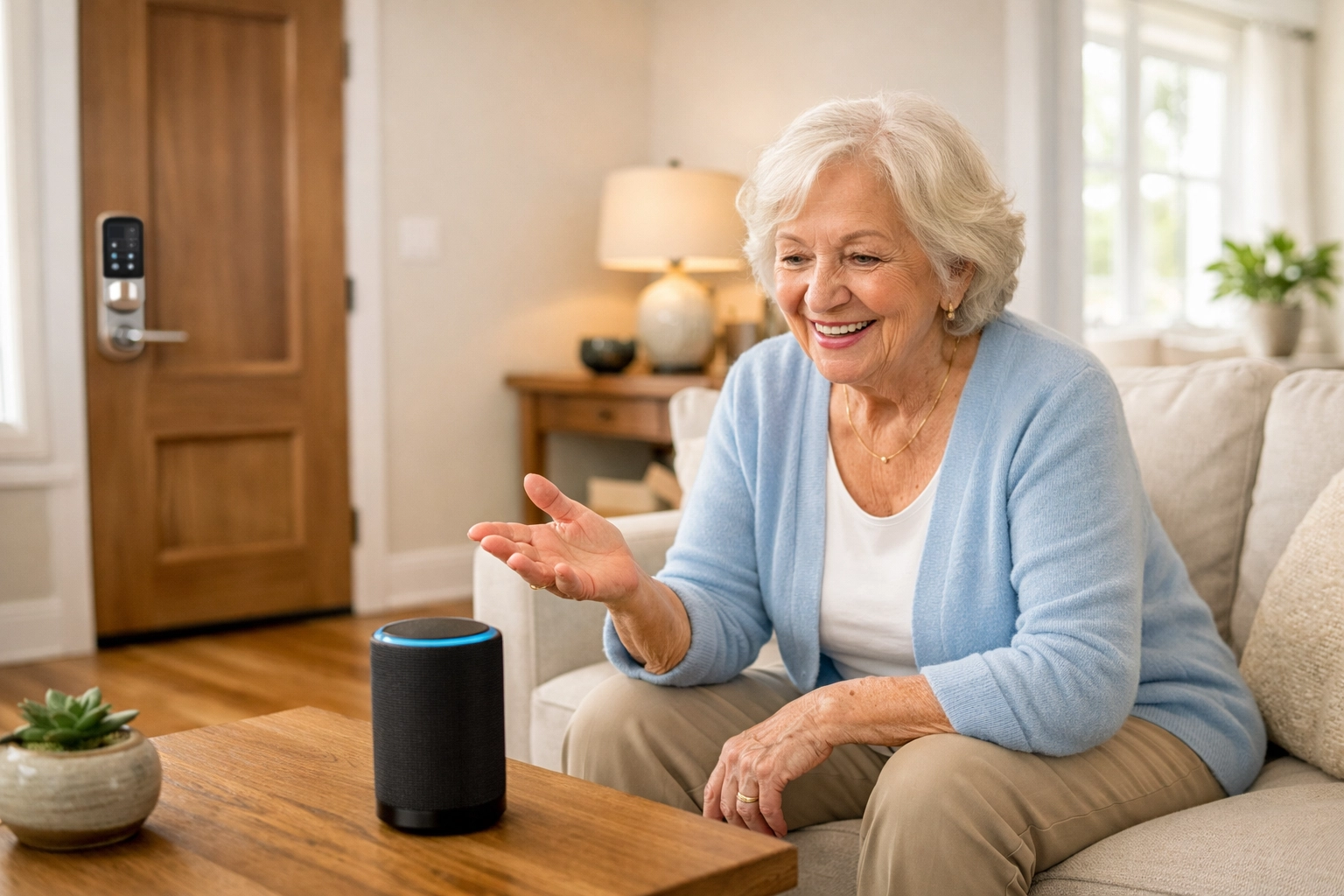 Senior woman using smart home voice assistant in an aging-in-place renovated living room.