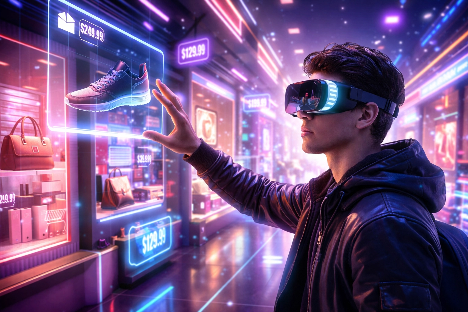 Shopper in virtual reality mall exploring holographic storefronts, highlighting NFT receipt integration in metaverse shopping.