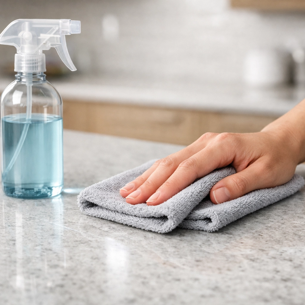 Using a microfiber cloth to clean a quartz countertop with professional commercial cleaning supplies.
