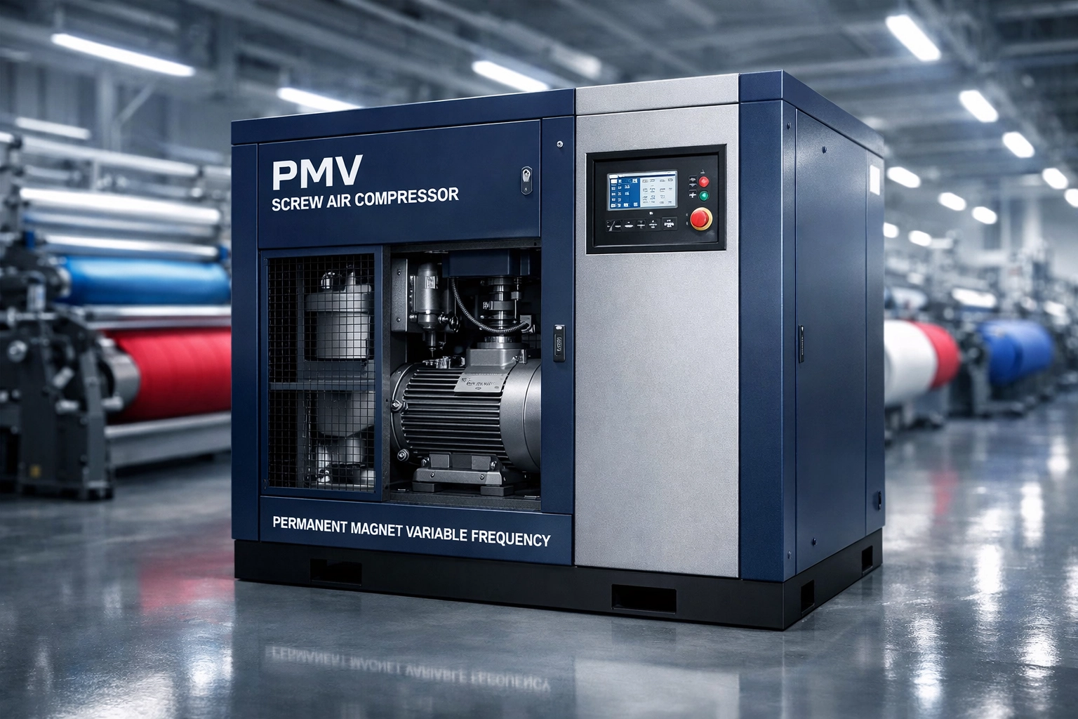 Energy-efficient PMV screw air compressor in a textile manufacturing plant for reliable industrial air supply.
