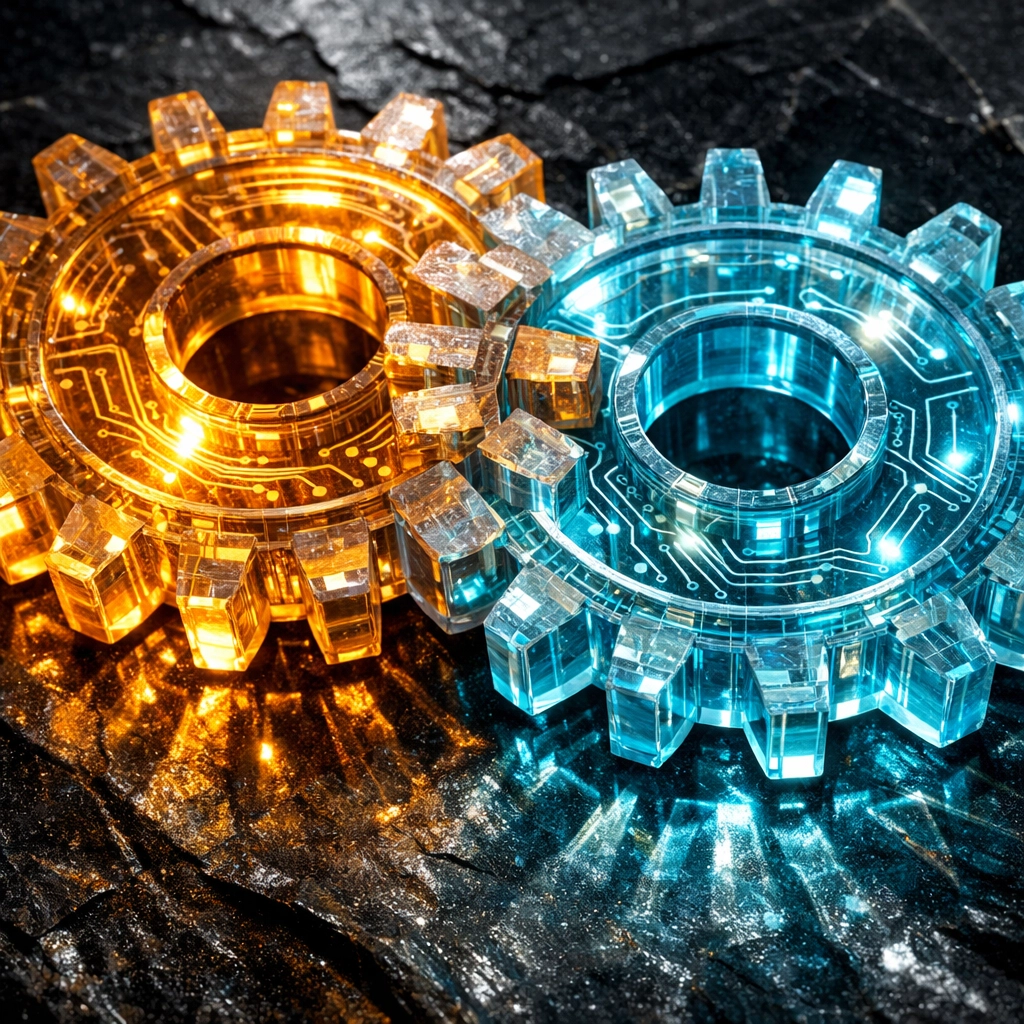 Interlocking glowing gears showing alignment between individual career goals and company expansion.