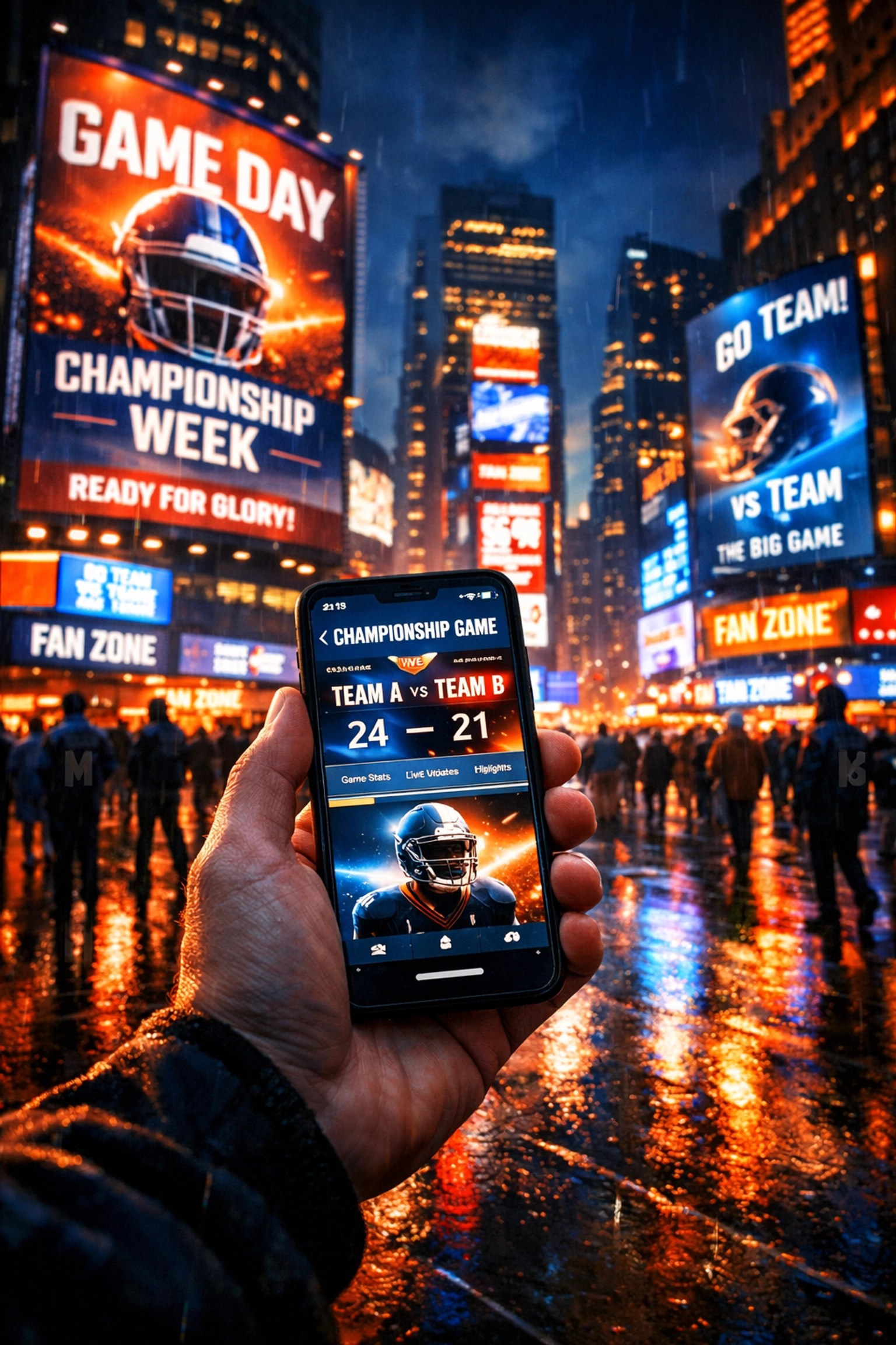 Digital billboards and a smartphone showing a multi-channel sports marketing campaign in a city square.