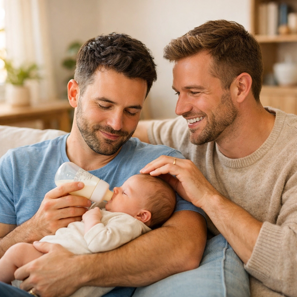 Two doting fathers feeding their baby, a scene reflecting themes in MM romance and gay literature.