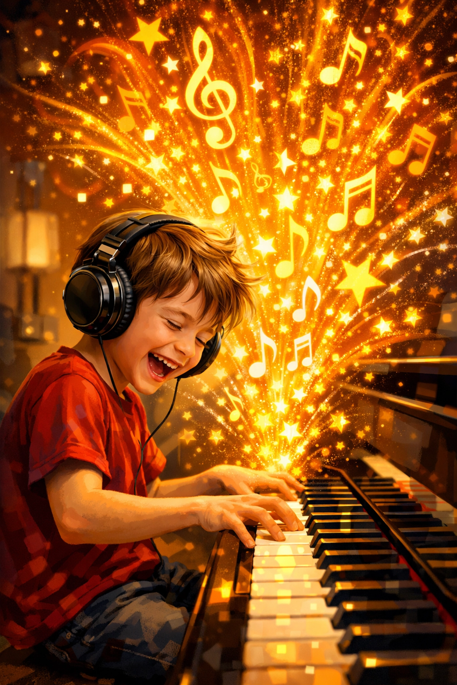 A happy boy wearing headphones playing piano with colorful symbols for creative music lessons in the Inland Empire.