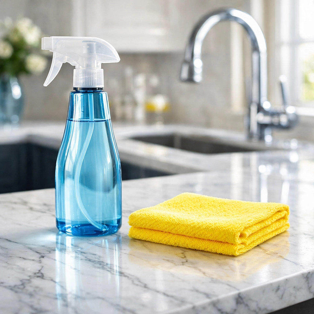 Eco-friendly move-out cleaning Cambridge products on a pristine white marble kitchen countertop.