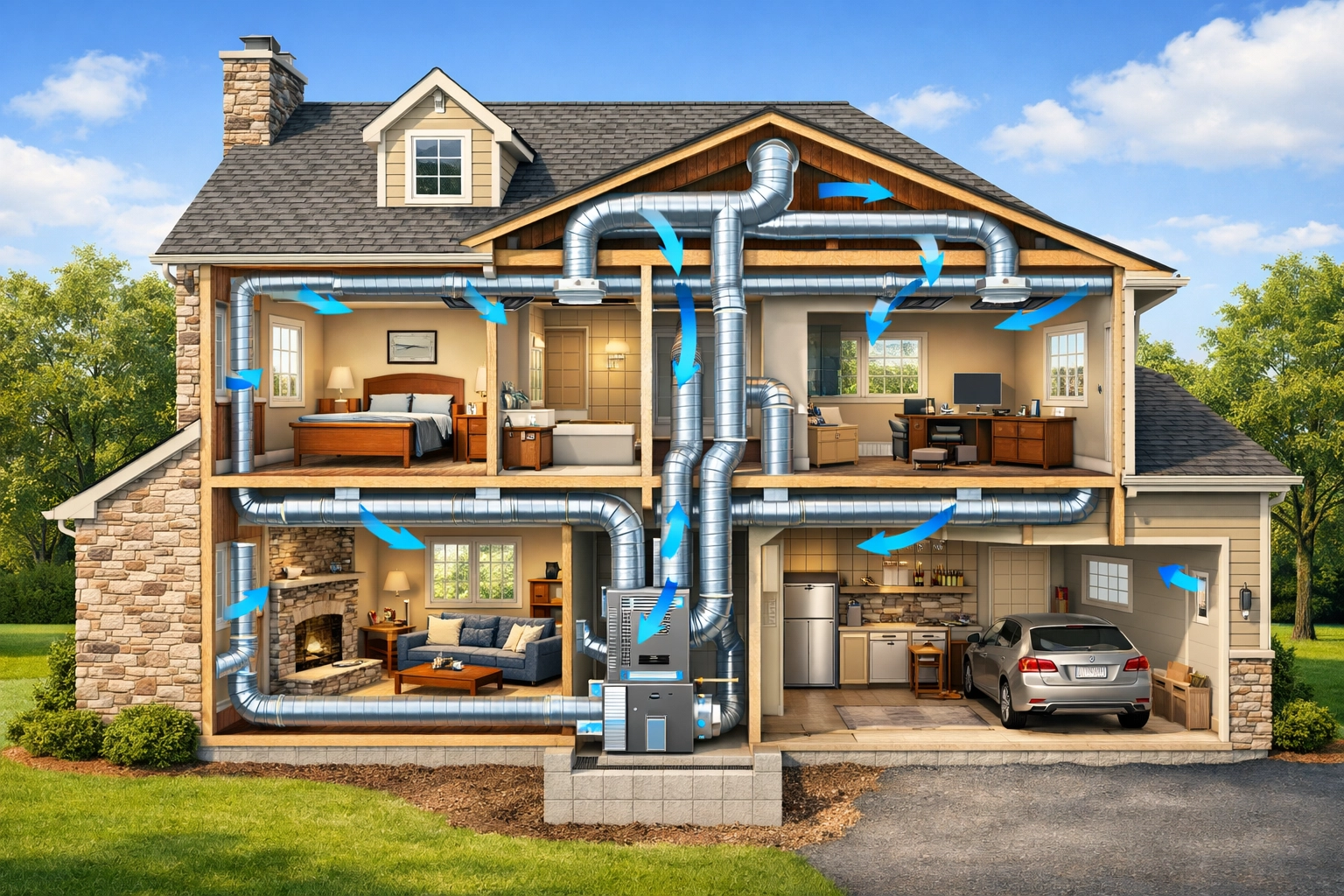 HVAC ductwork system running through Chester County home showing efficient airflow