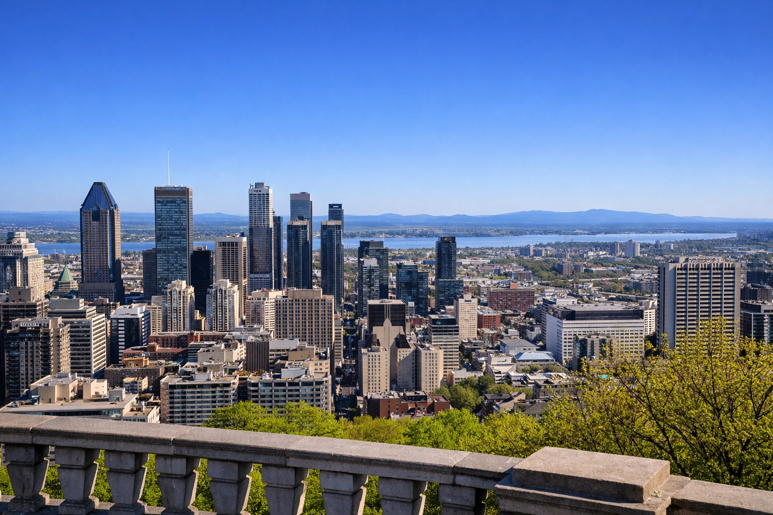 Panoramic view of the Montreal skyline from the Kondiaronk Belvedere lookout on Mount Royal.