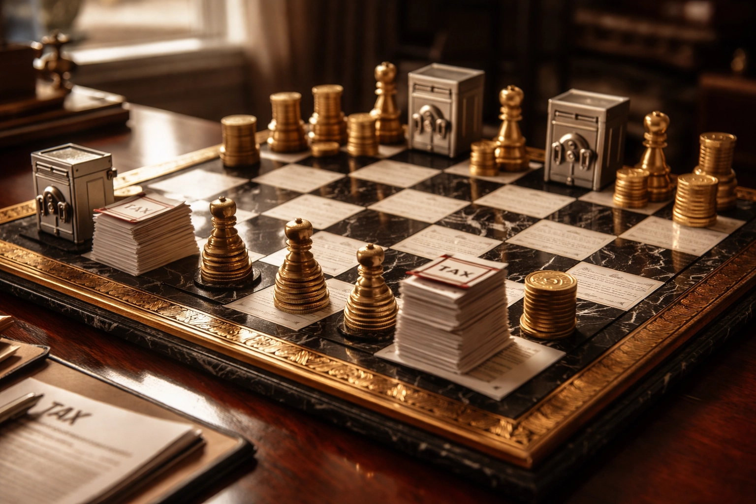 Chess board symbolizing strategic financial planning for accredited investors with coins, tax documents, and vaults as game pieces
