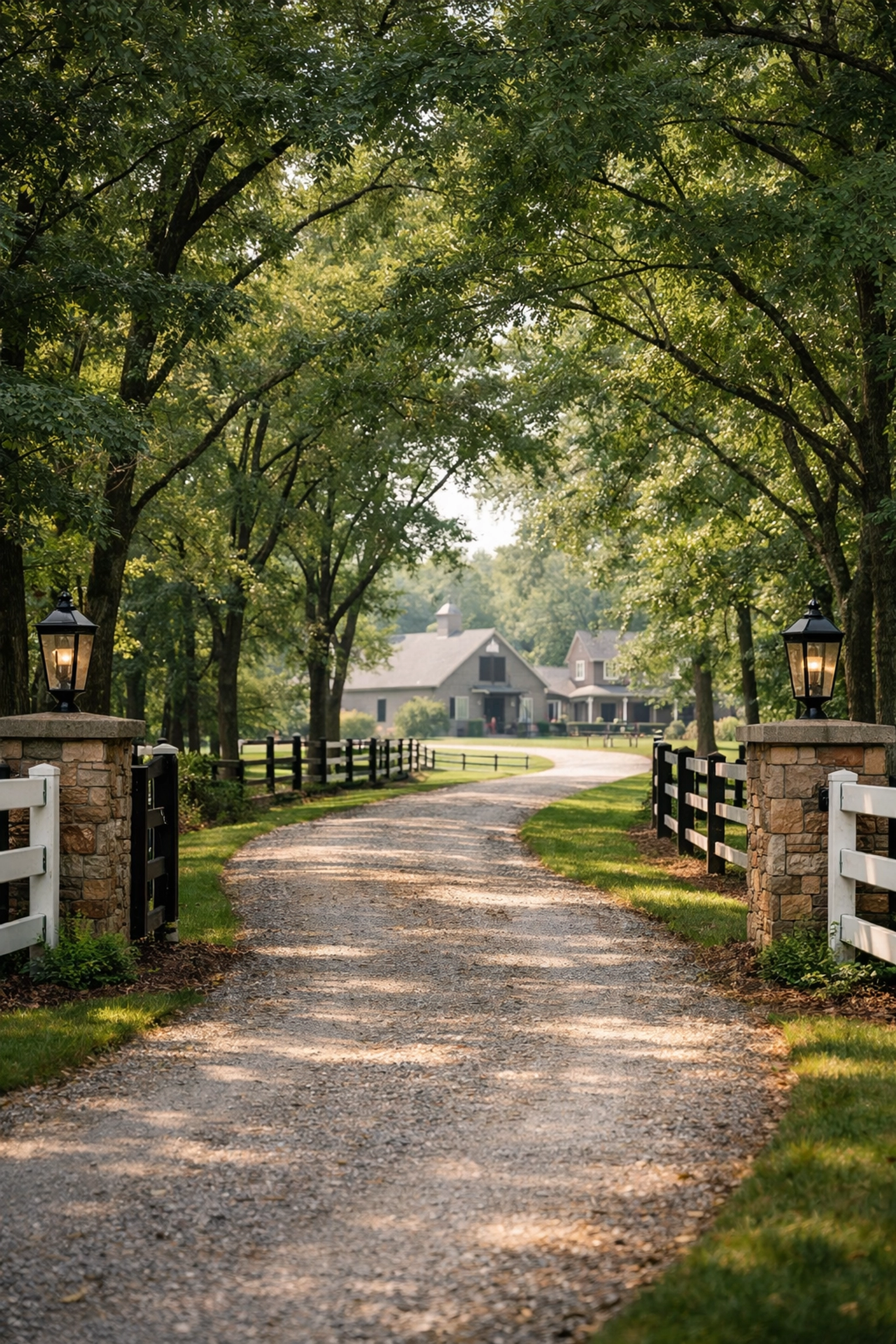 Tree-lined entrance drive to Davidson equestrian property with barn in distance