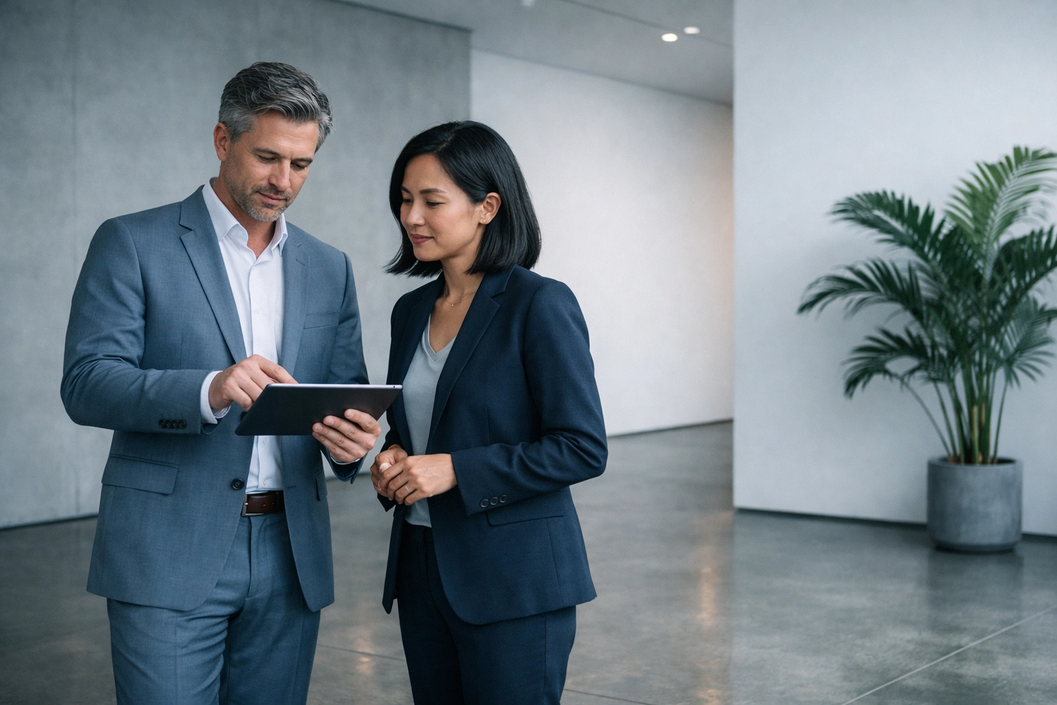 Alabama business professionals discussing strategic acquisitions and market rates on a digital tablet.