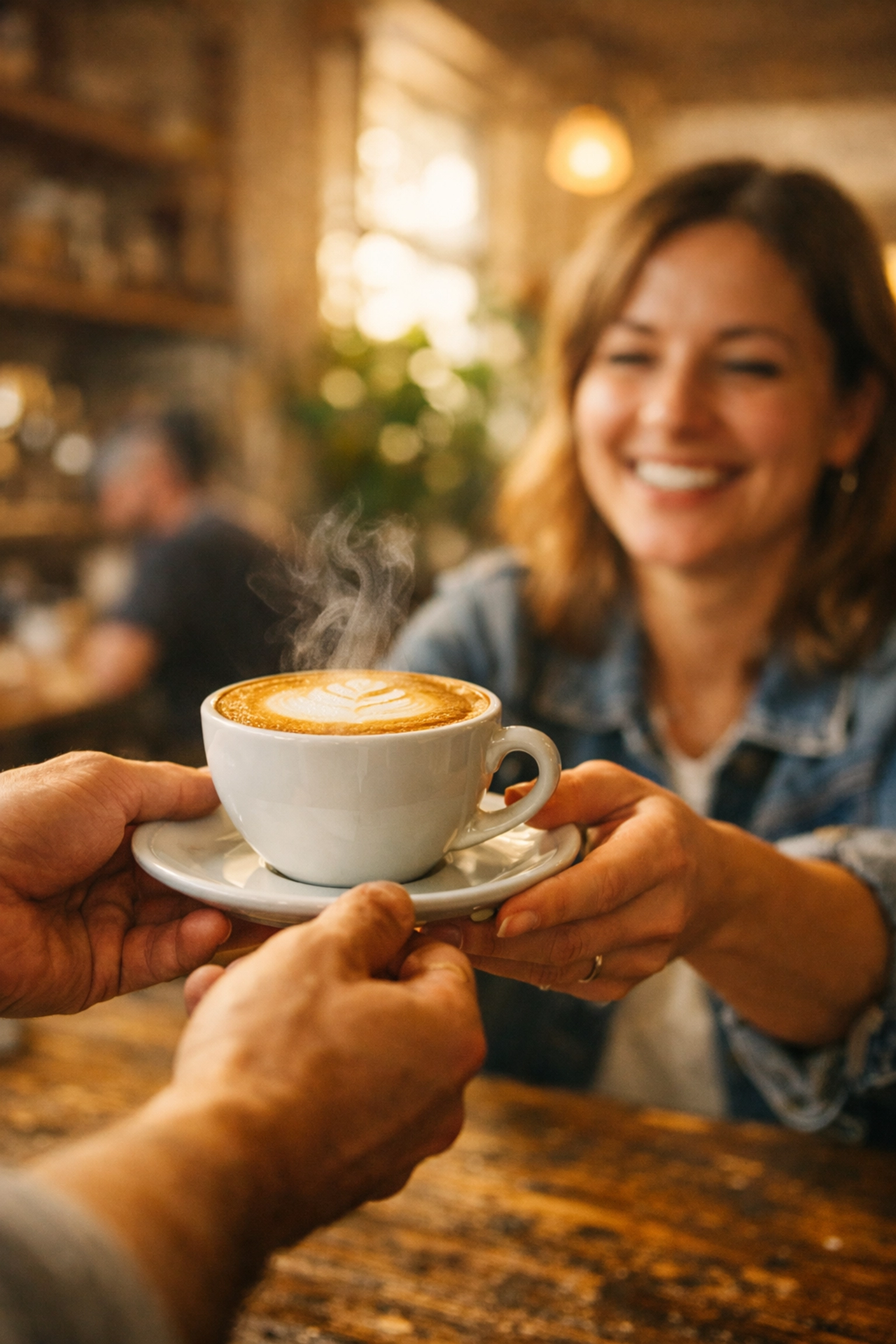 A barista serving high-quality coffee to a customer in a warm, artisanal cafe setting.
