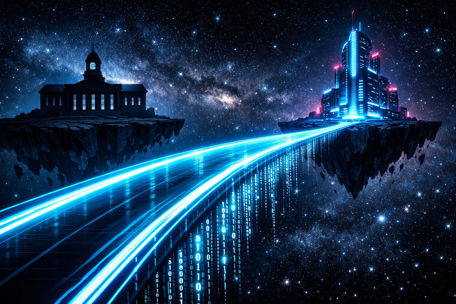 Digital neon bridge connecting campus education to career success with AI automation.