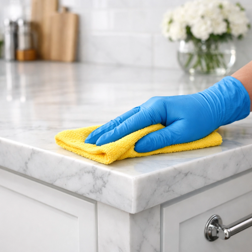Professional deep cleaning services detailing a white marble kitchen countertop in a Massachusetts home.