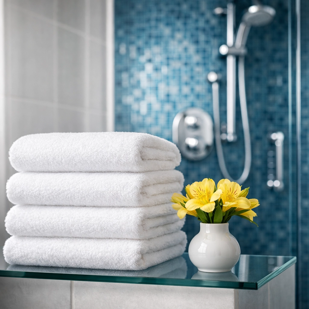 Sparkling contemporary bathroom with streak-free blue tiles and fresh towels from expert cleaning services near me.