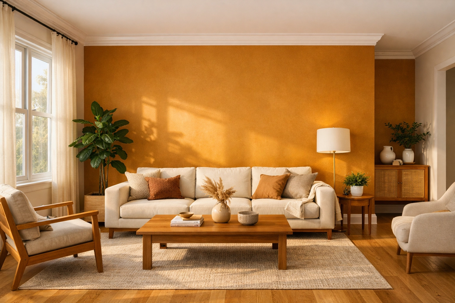 Orlando living room with ochre accent wall and interior painting creating warm, inviting atmosphere