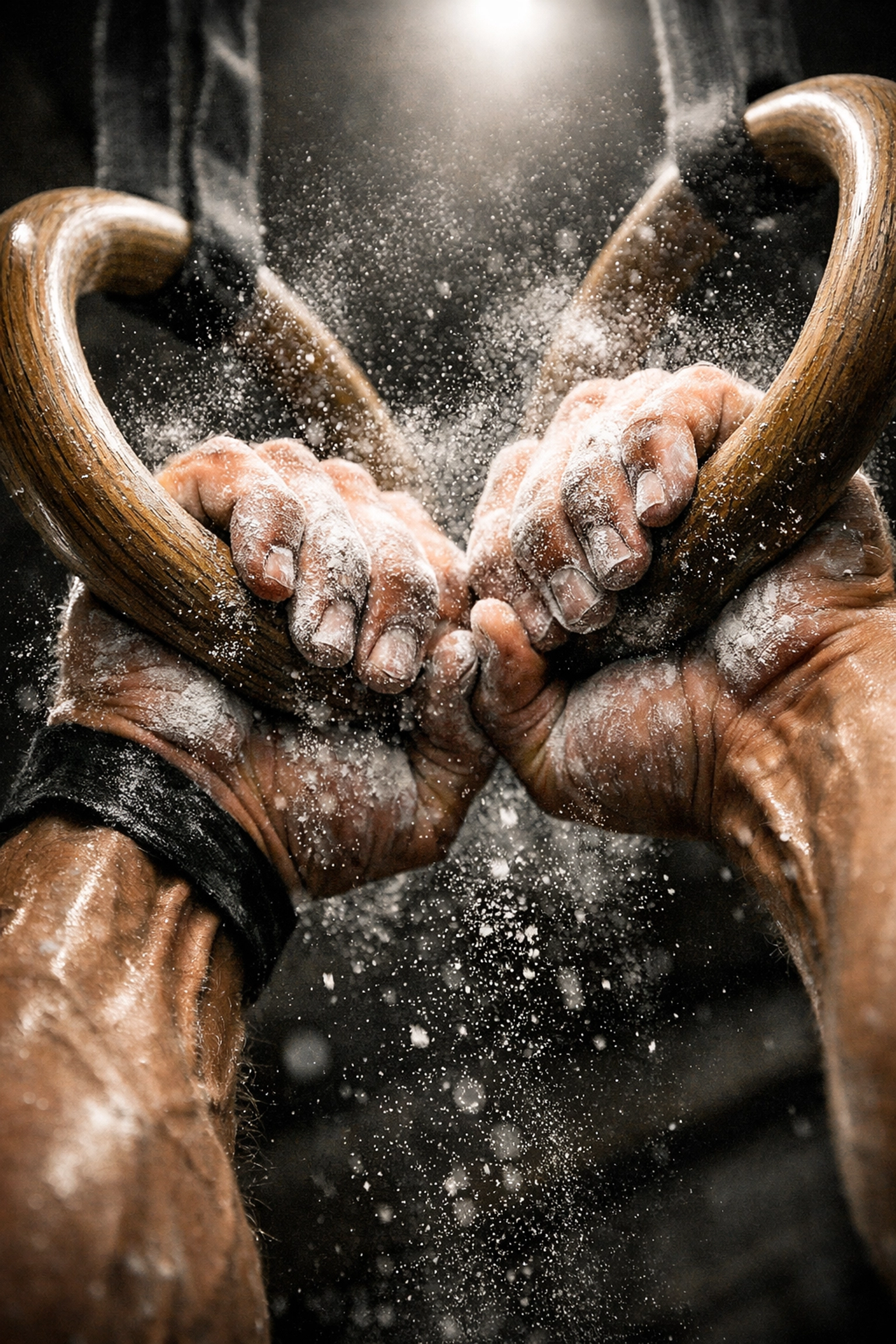 Close-up of wooden gymnastic rings and chalked hands for intense bodyweight training at home.