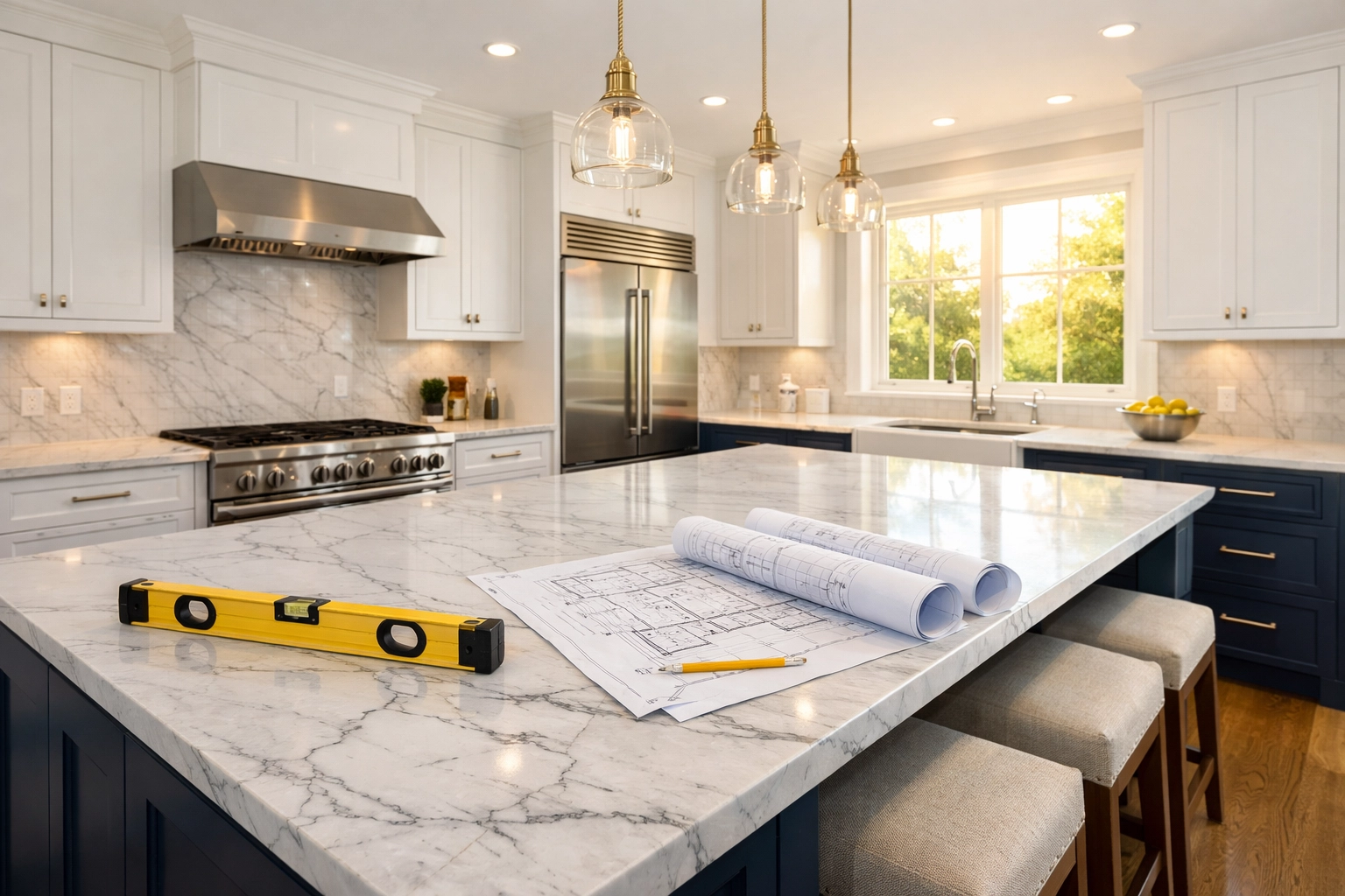 Newly remodeled Harvard kitchen with white cabinets and marble island after construction cleanup.