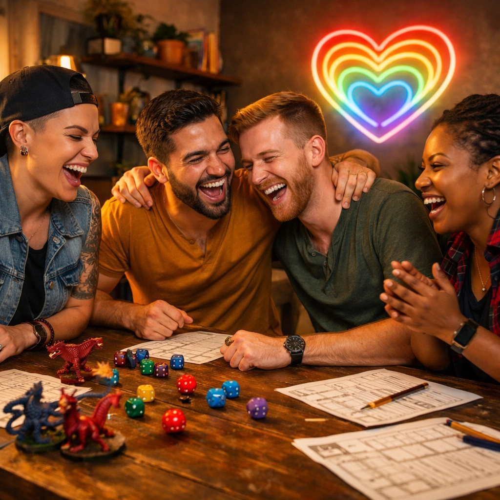 LGBTQ+ friends laughing while playing a tabletop game, a popular queer hobby for building found family.