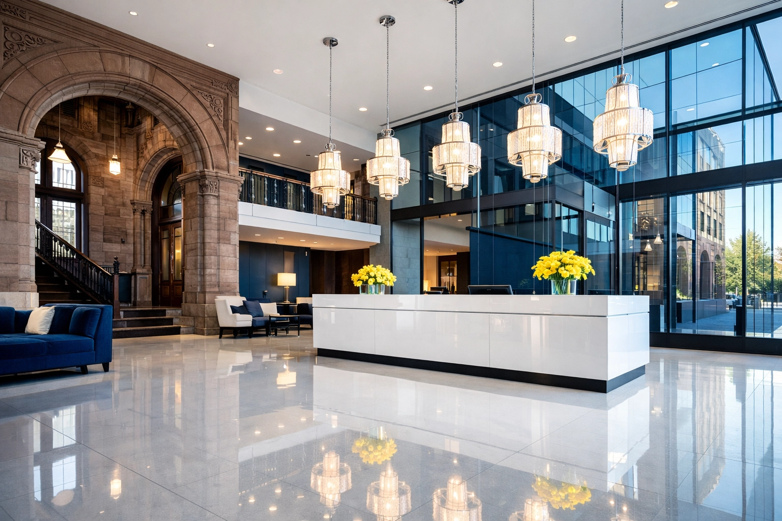 Polished lobby floors in a Massachusetts commercial building highlighting professional cleaning standards.