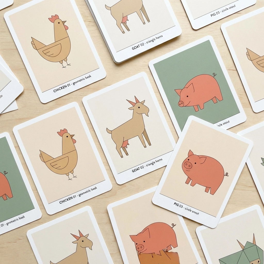 Handmade creature cards showing chicken, goat, and pig illustrations for farm wildlife documentation