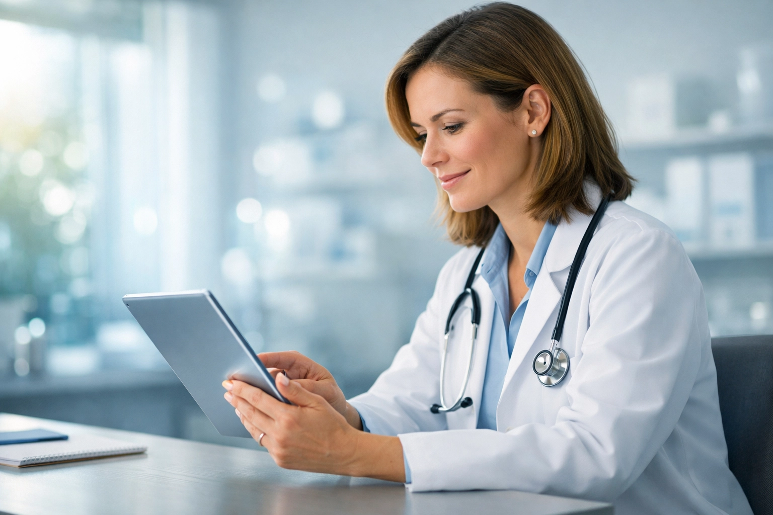 Physician using a tablet with real-time clinical decision support to ensure audit-proof medical charts.