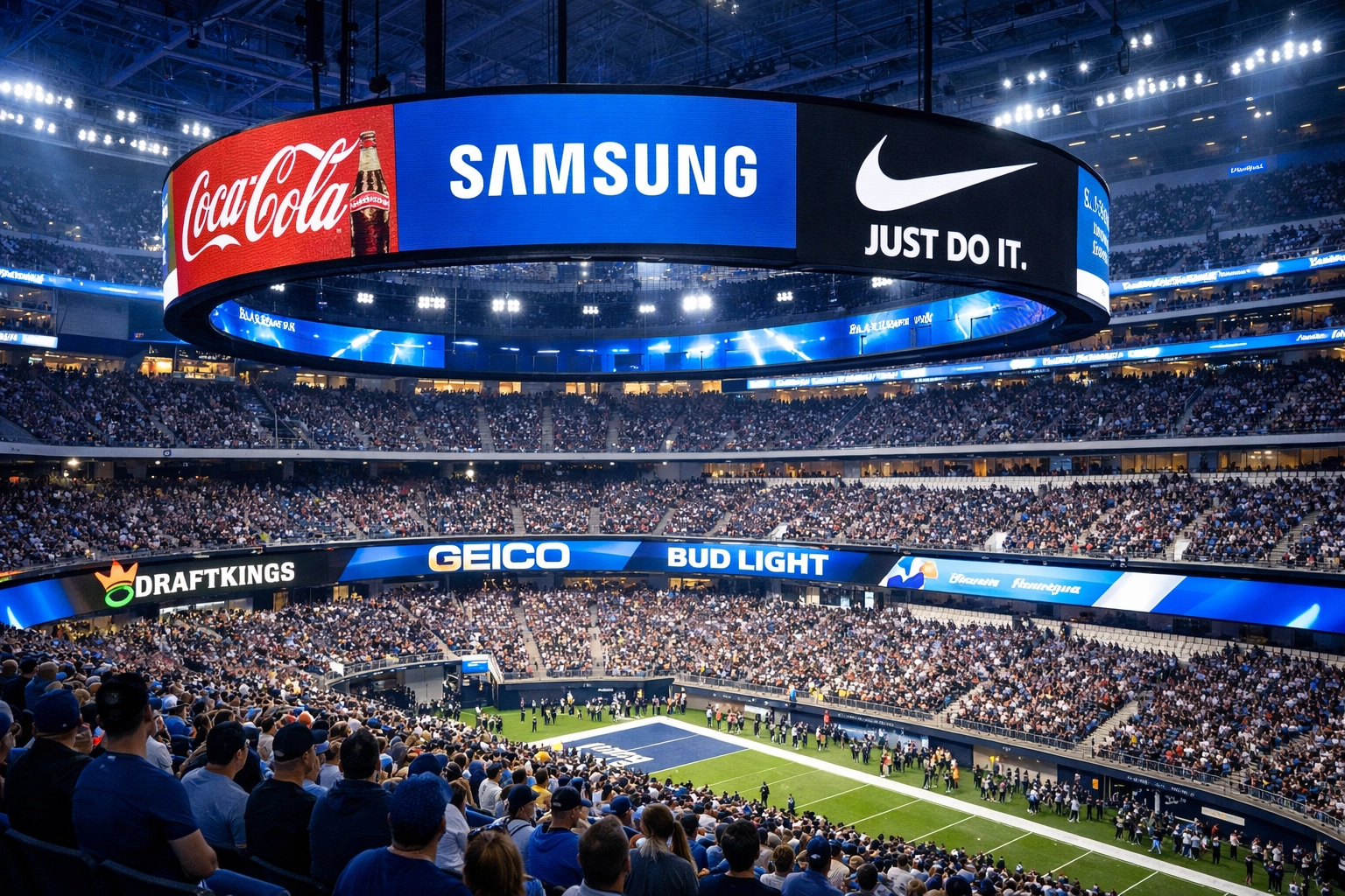 Sports stadium interior with integrated digital advertising displays and brand signage