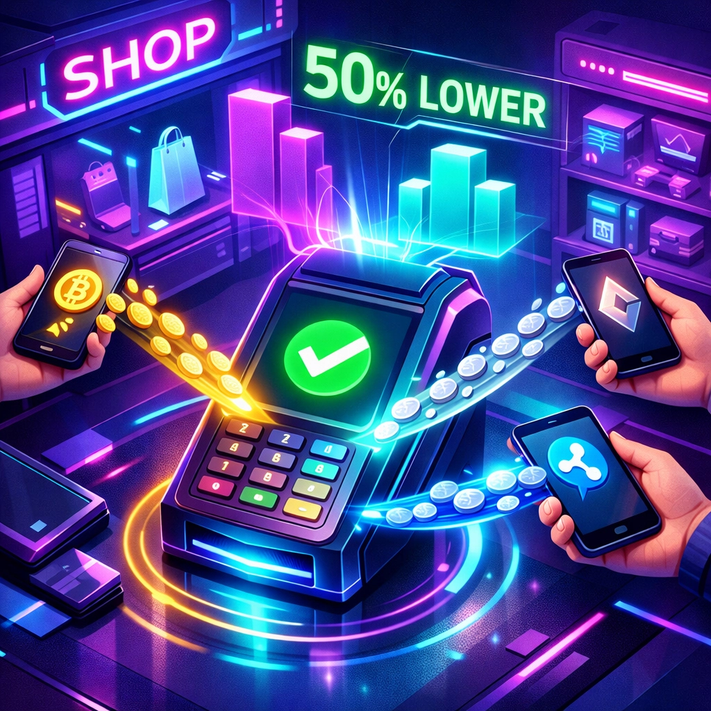 Crypto payment terminal processing merchant transactions with lower fees