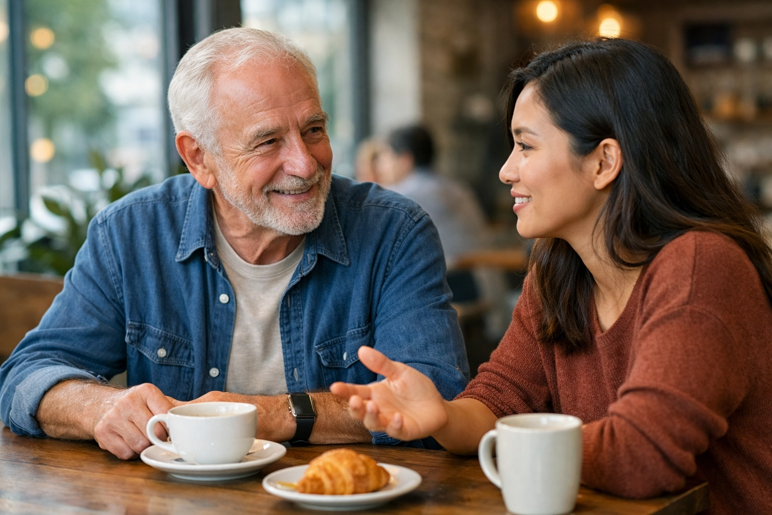 Senior man and younger woman having a supportive conversation in a cafe—social connection that protects mental health.