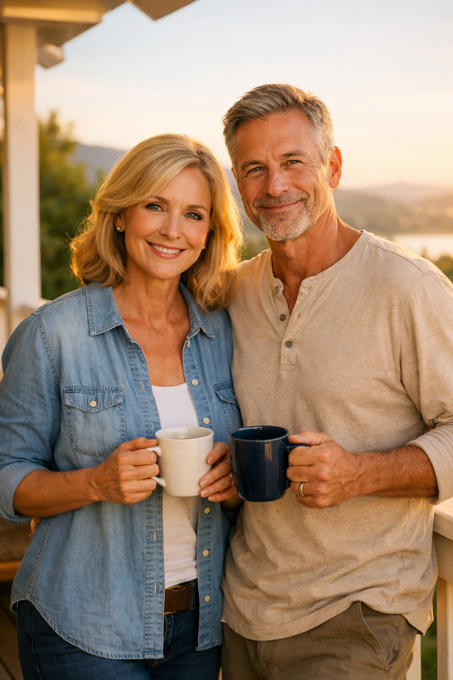 Confident retirement couple planning lifetime income strategy on their porch