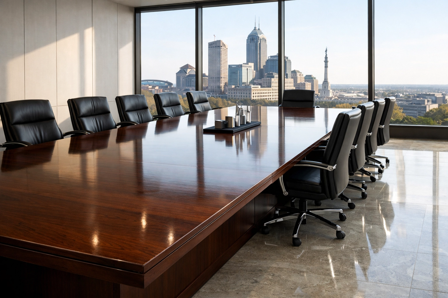 Pristine Indianapolis board room with polished wood and stone surfaces, showcasing specialized property care.