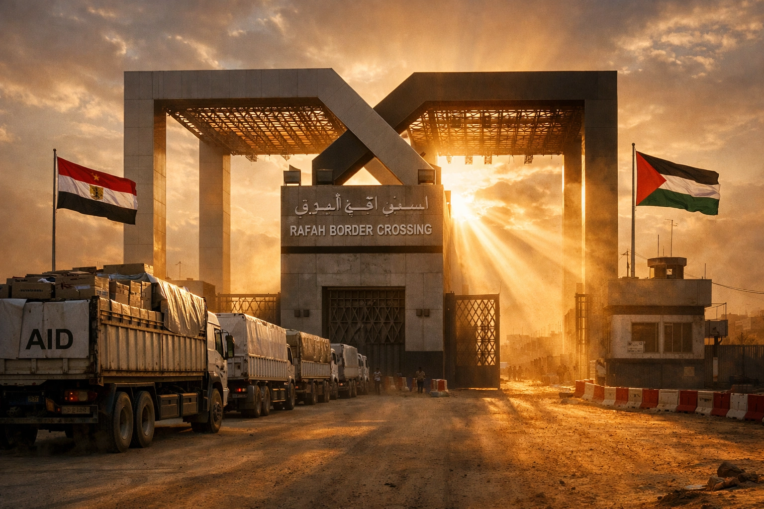 Rafah crossing between Gaza and Egypt reopening with humanitarian aid trucks waiting