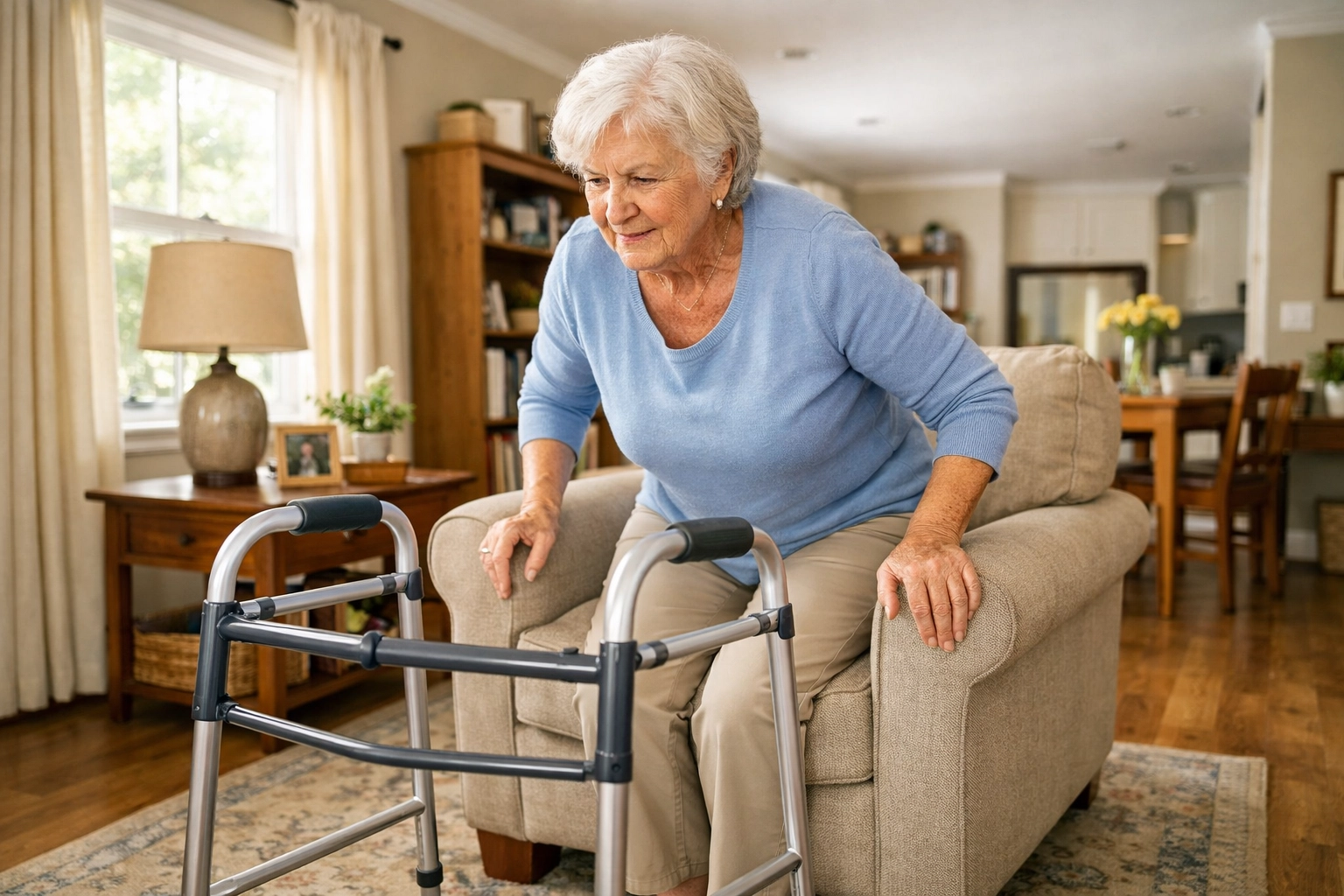 Senior woman safely pushing up from chair armrests before reaching for her walker in a home setting.
